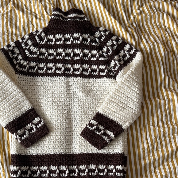 vintage Cozy Crochet Jacket - Cream & Dark Brown - Picture 2 of 5